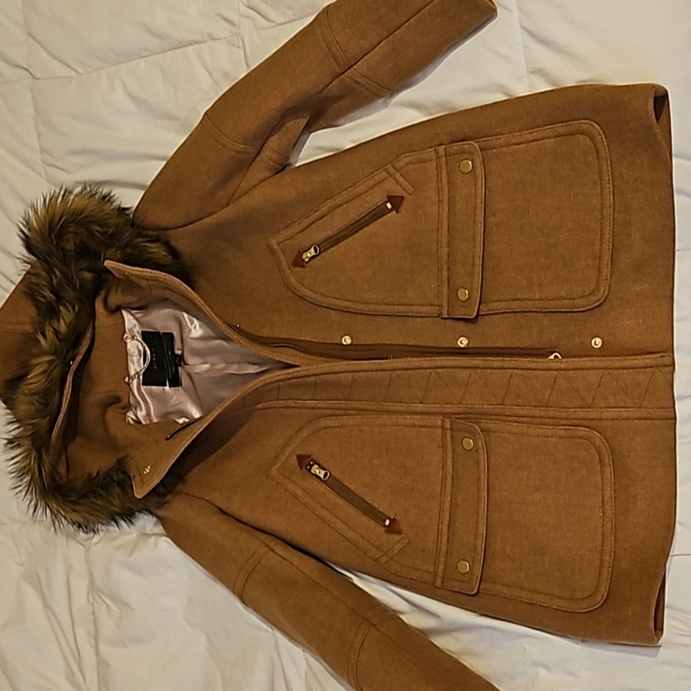 J. Crew Brown Pea Coat with Faux Fur Hood